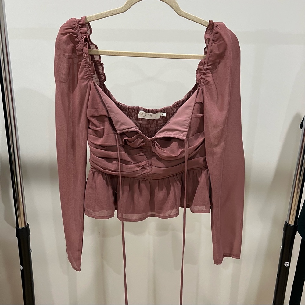 Macy's Dusty Rose Ruched Long-Sleeve Peplum Blouse